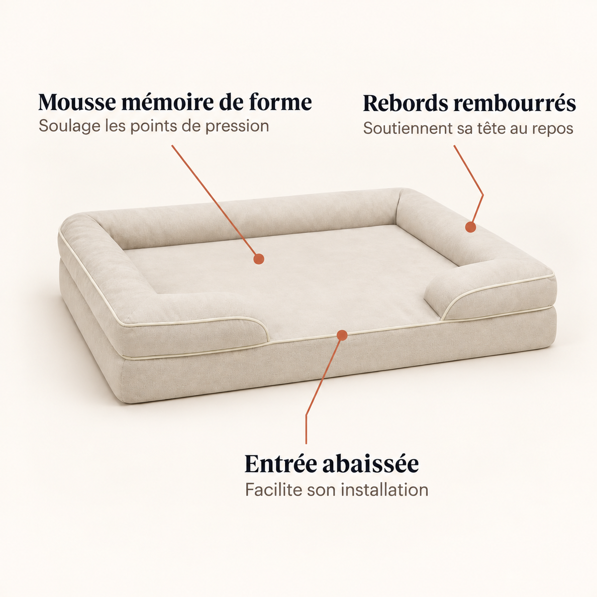 Panier orthopédique chien beige avec mousse mémoire de forme, rebords rembourrés et entrée abaissée