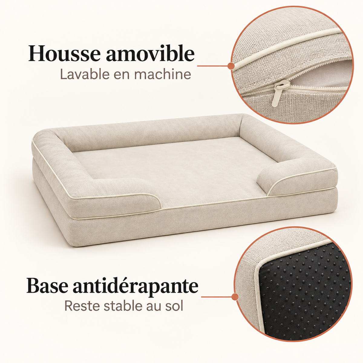 Panier orthopédique chien beige avec housse amovible lavable et base antidérapante