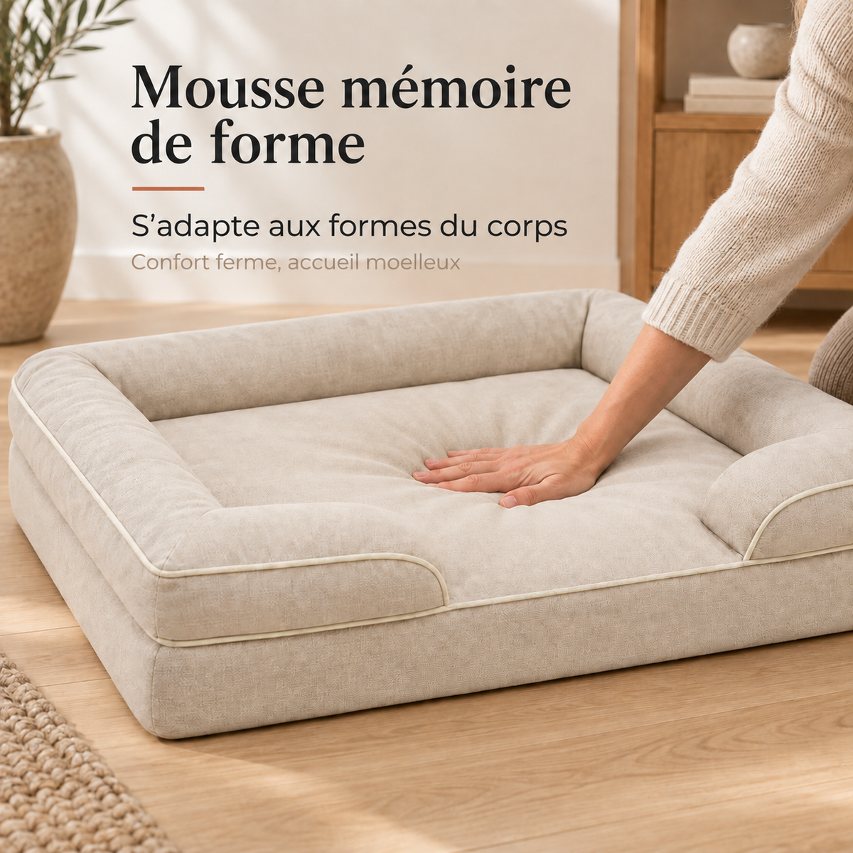Démonstration de la mousse à mémoire de forme du panier orthopédique chien beige