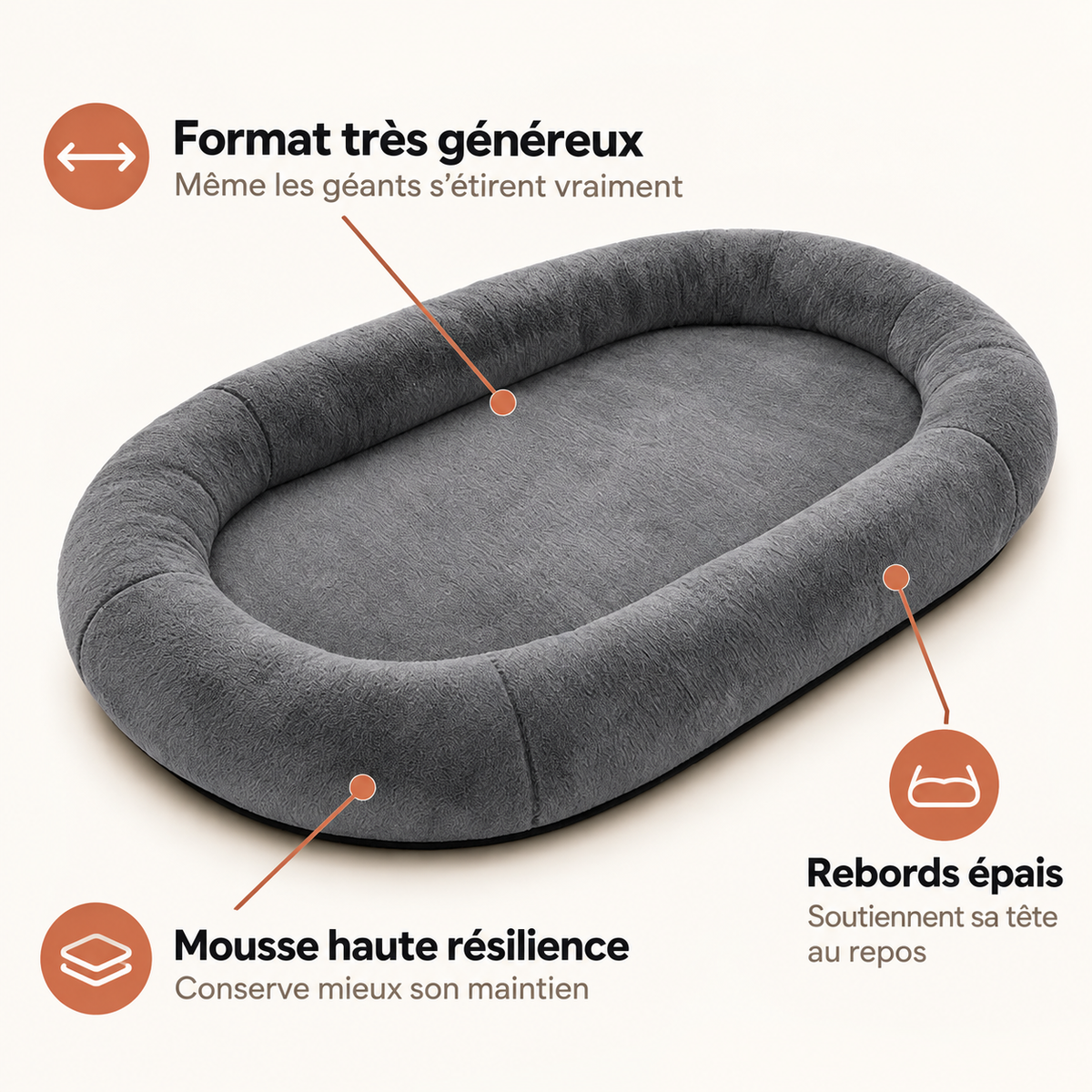 Panier XXL gris pour grand chien avec mousse haute résilience et rebords épais
