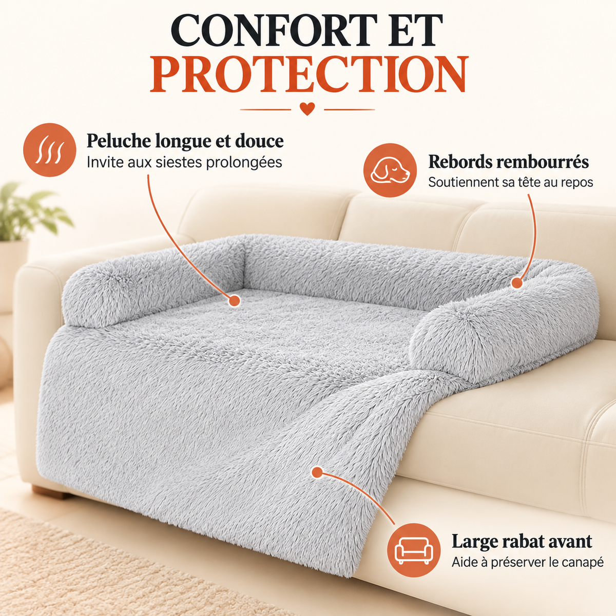 Protection de canapé grise en peluche avec rebords rembourrés et large rabat