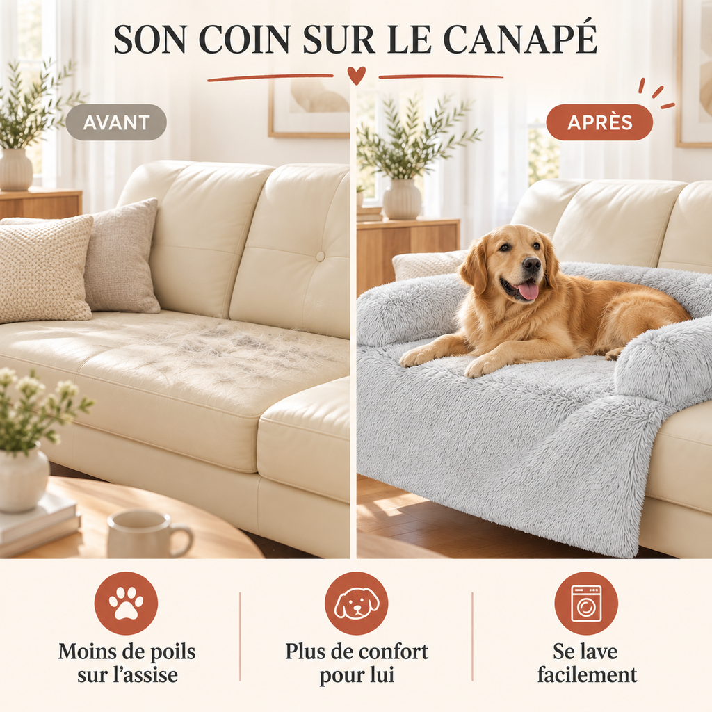Protection de canapé grise en peluche installée avec un chien au repos