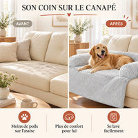 Protection de canapé grise en peluche installée avec un chien au repos